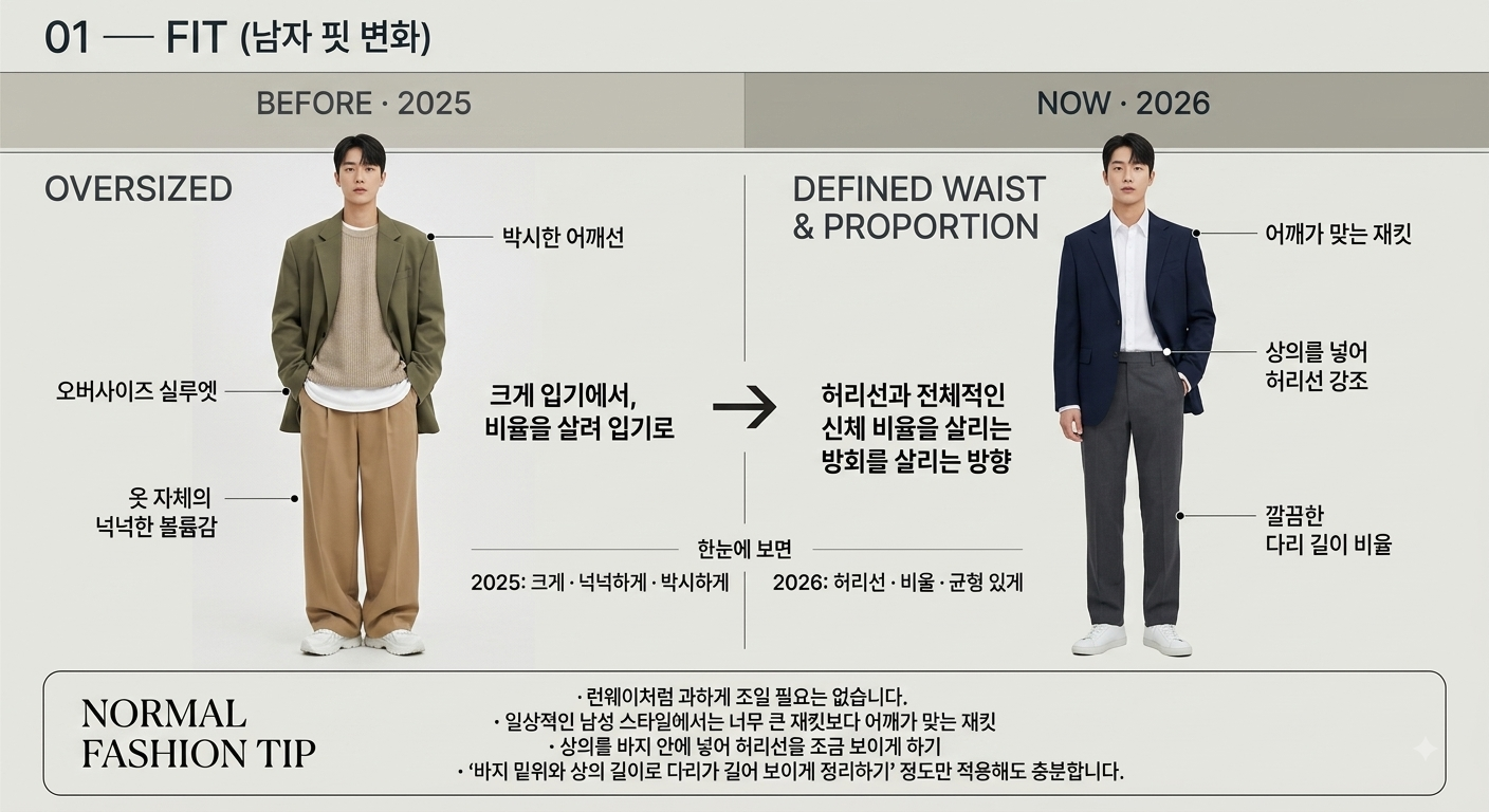 2025년과 2026년 남성 패션 핏 변화 비교