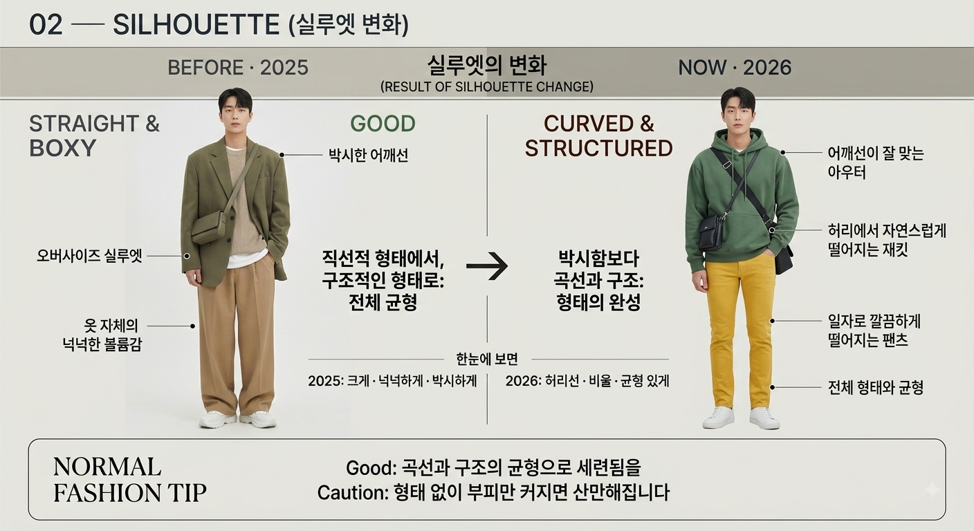 2025년과 2026년 남성 패션 실루엣 변화 비교