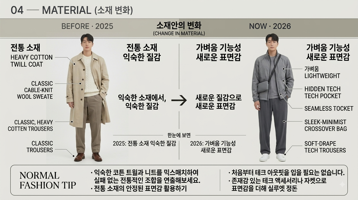 2025년과 2026년 남성 패션 소재 변화 비교