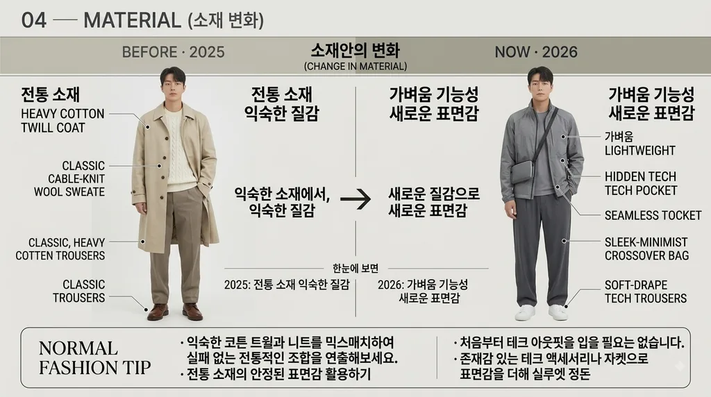 2025년과 2026년 남성 패션 소재 변화 비교